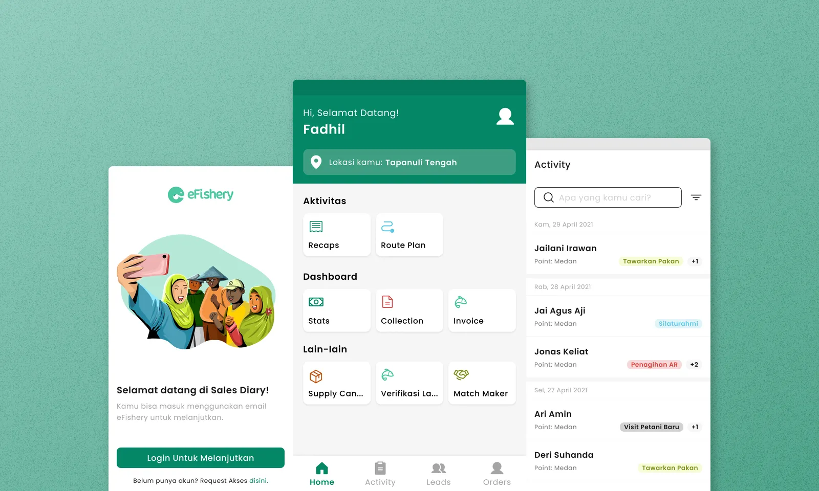 Sales Diary mobile app interface for field sales work