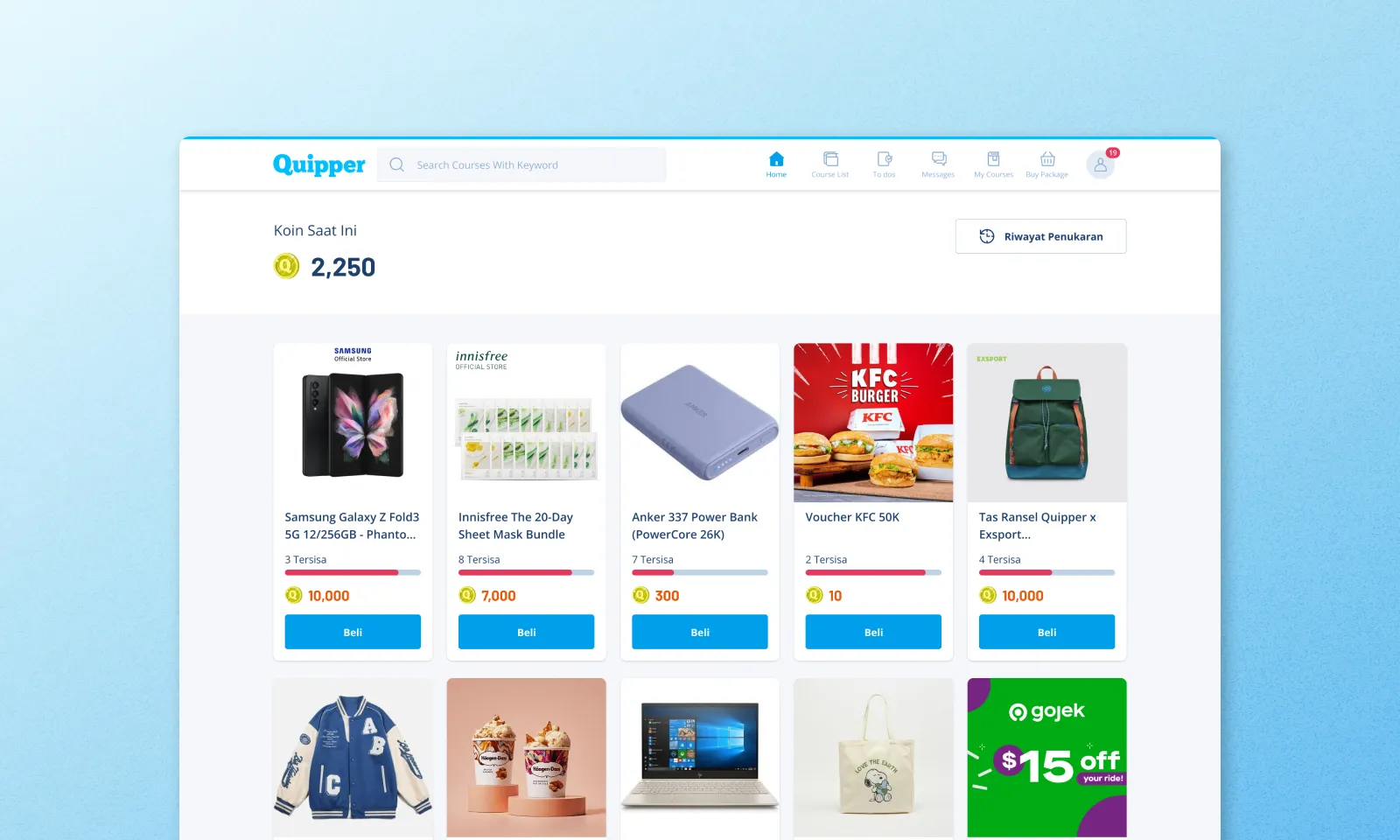 Coins and XP gamification interface for online learning