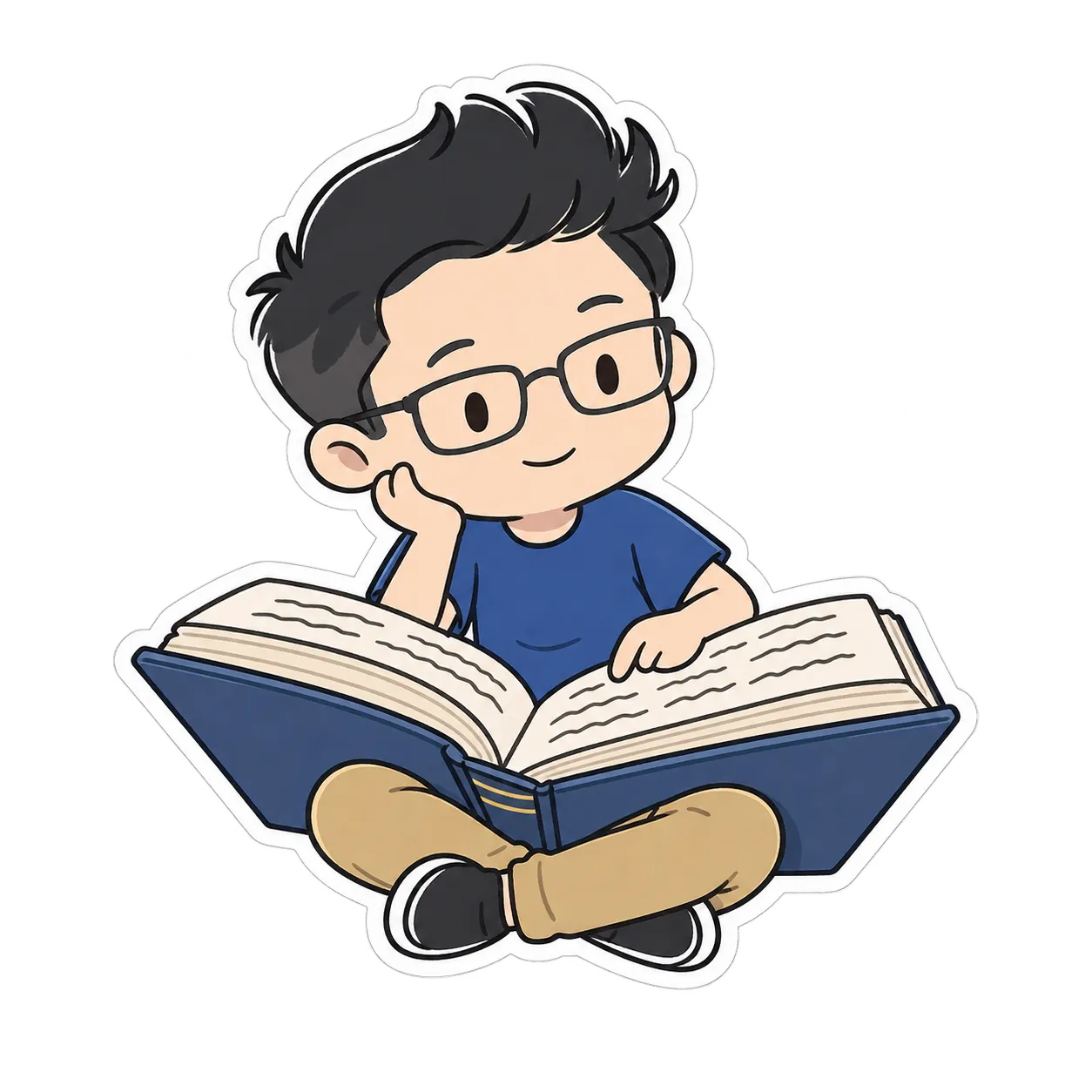 Illustration of Muhammad Fadhil reading a book