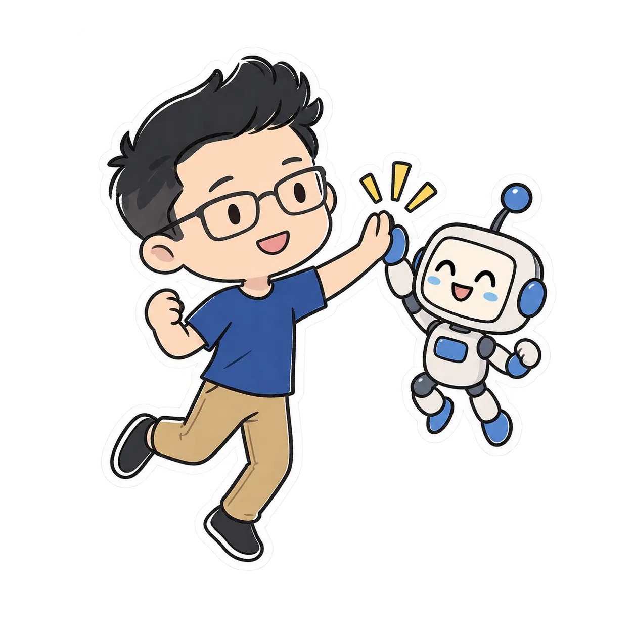 Illustration of Muhammad Fadhil high-fiving an AI robot